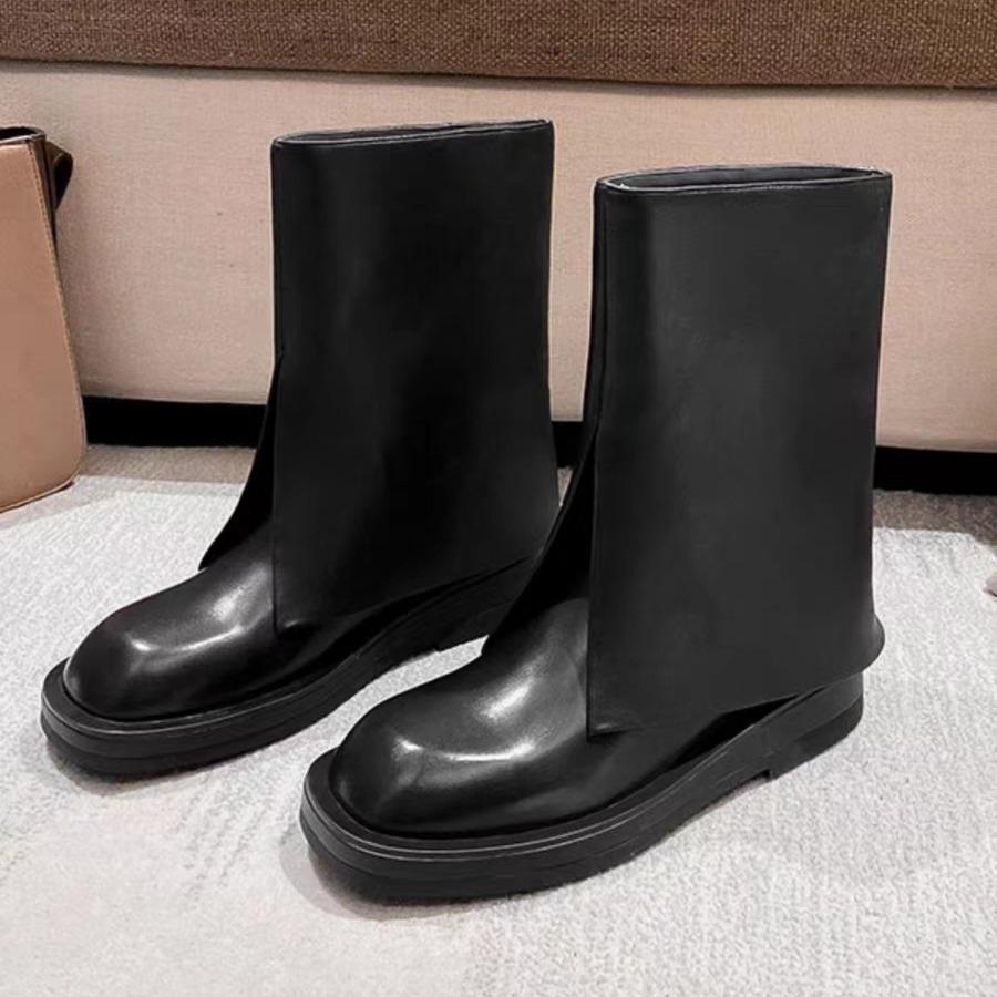 Celebrity style genuine leather flat boots Martin boots pants tube mid-calf boots women's skinny Knight boots slip-on fashion short