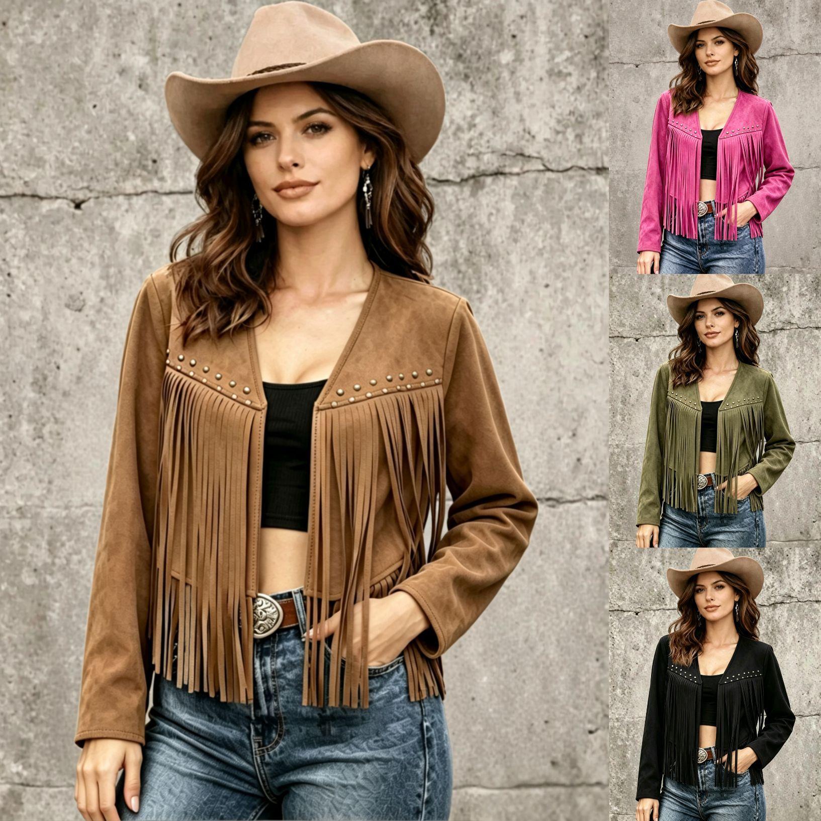 2026 Cross-Border Amazon Independent Site European and American Women's Suede Jacket with Solid Color Rivet Design Long Sleeve Cardigan Coat