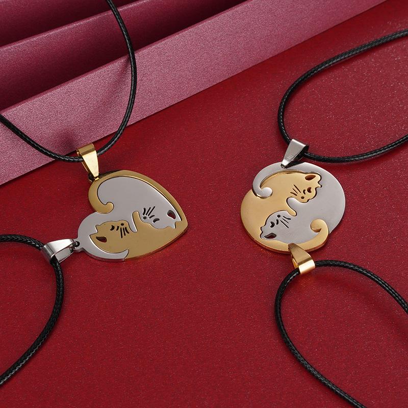 Multiple Styles of Stainless Steel Black and White Cat Pendants, a Pair of Fashionable Necklaces for Couples, Creative Hug-Shaped Design, Perfect for Valentine's Day