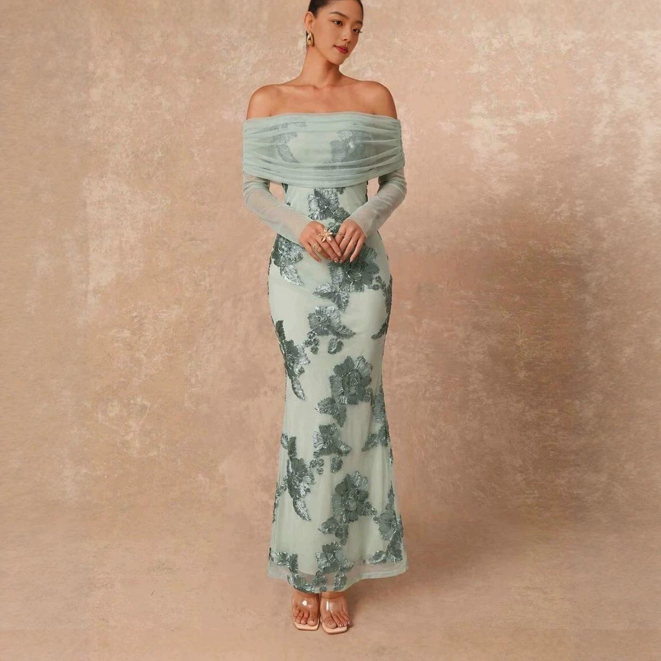 New European and American cross-border foreign trade strapless off-shoulder slimming floral jacquard mesh long dress