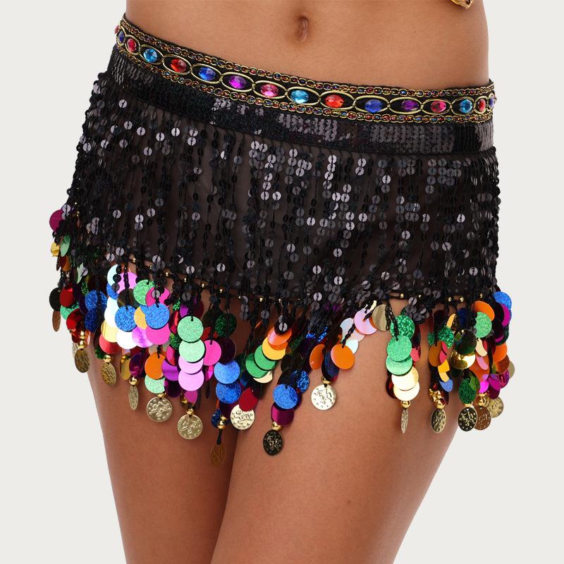 Cross-border Halloween Belly Dance Black Colored Causeway Waist Chain Hip Towel Multicolor Tassel Sequin Waist Towel Waist Seal Belt in stock