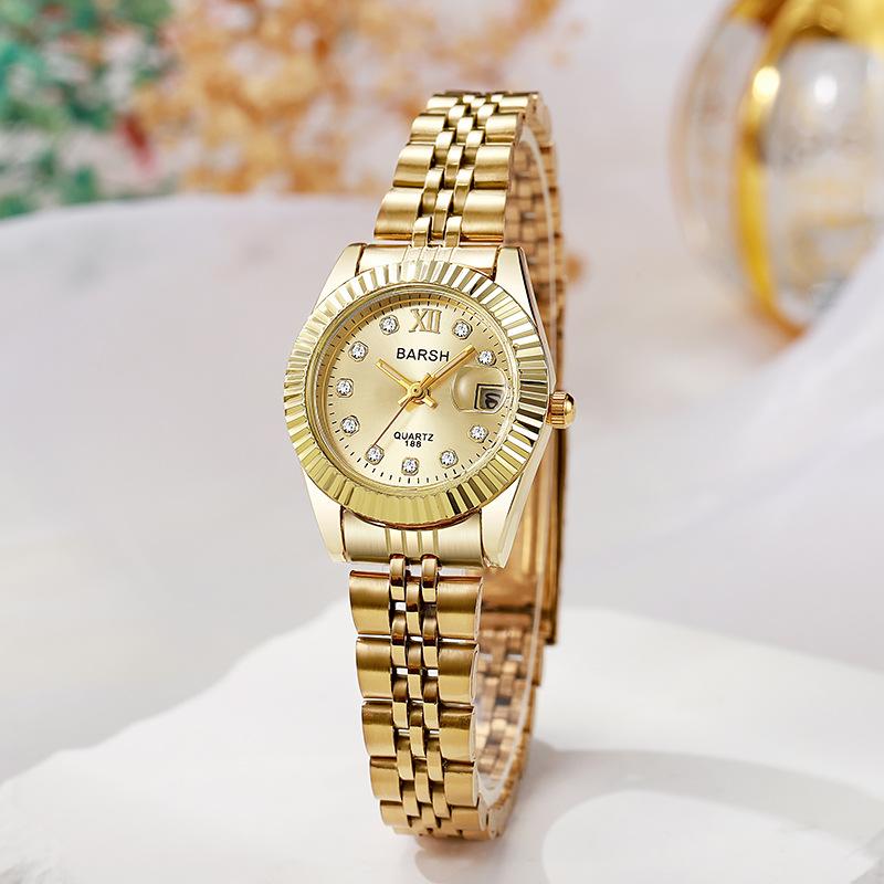 New Gold Calendar Watch for Women, Cross-Border Hot-Selling Model, Steel Band, Diamond-Studded, High-End Fashion, Light Luxury Quartz Watch