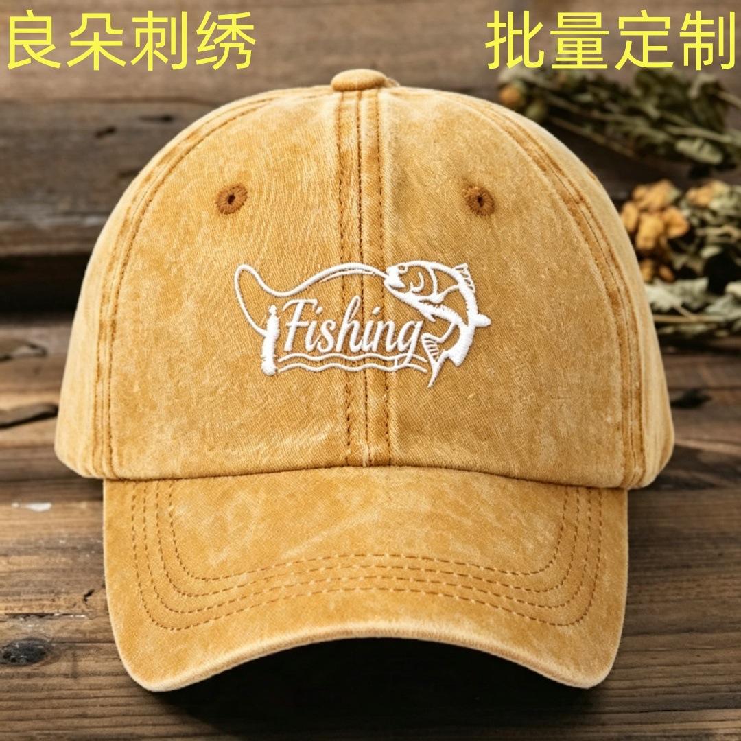 Distressed Washed Vintage Duckbill Cap with Lure Fishing Theme Embroidery, Breathable Sun Protection Hat for Outdoor Travel