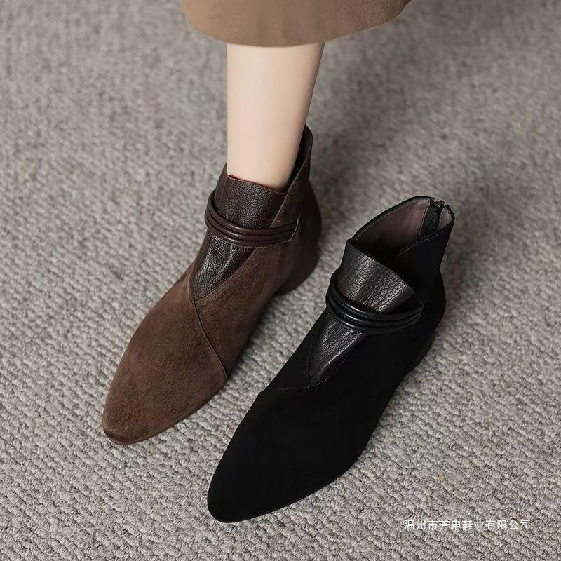 Fashionable off-size soft leather suede pointed toe ankle boots, 2026 new autumn and winter style, chunky mid-heel women's boots