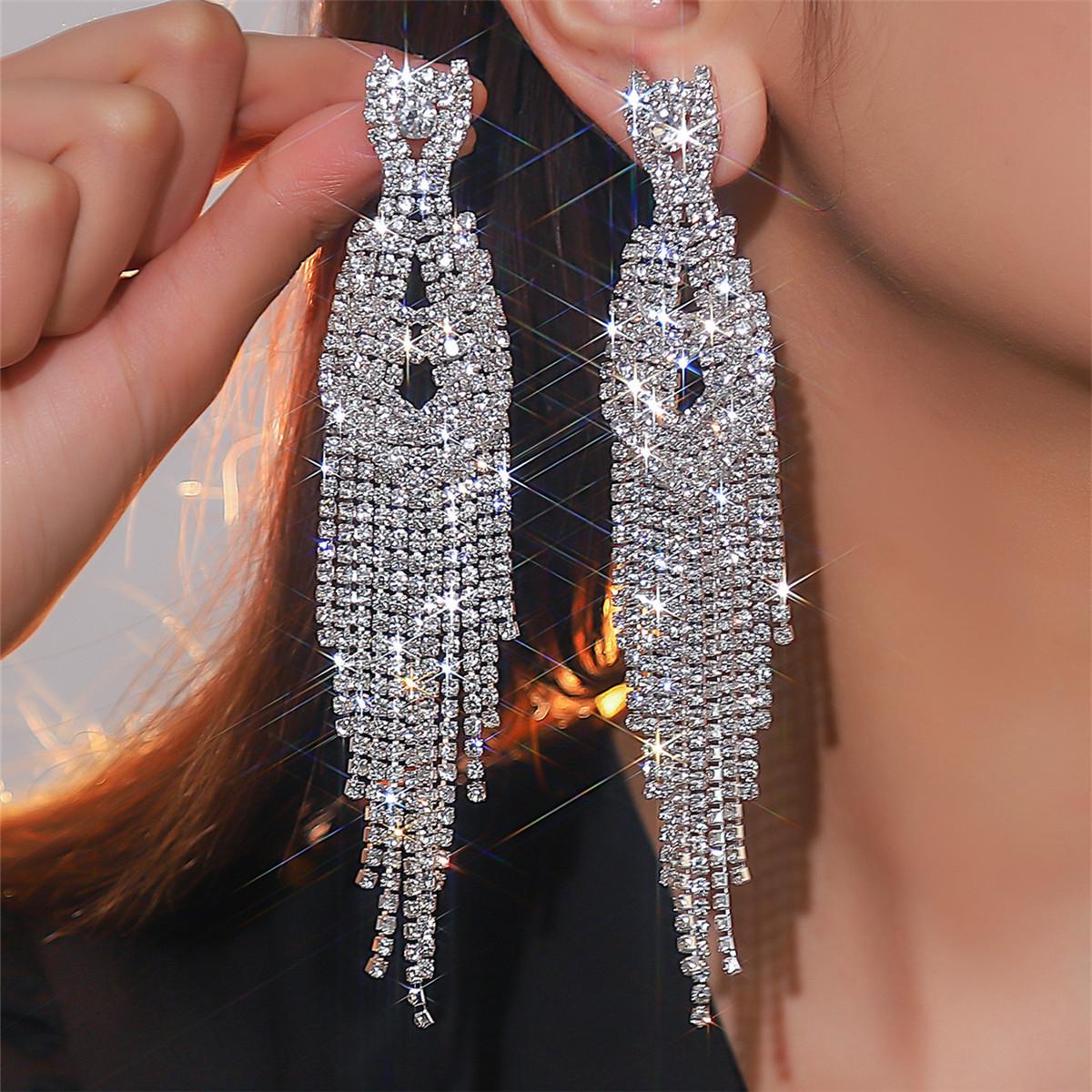 New Luxury Rhinestone Long Tassel Earrings for Women Without Pierced Earrings Rhinestone Elegant Bridal Earrings