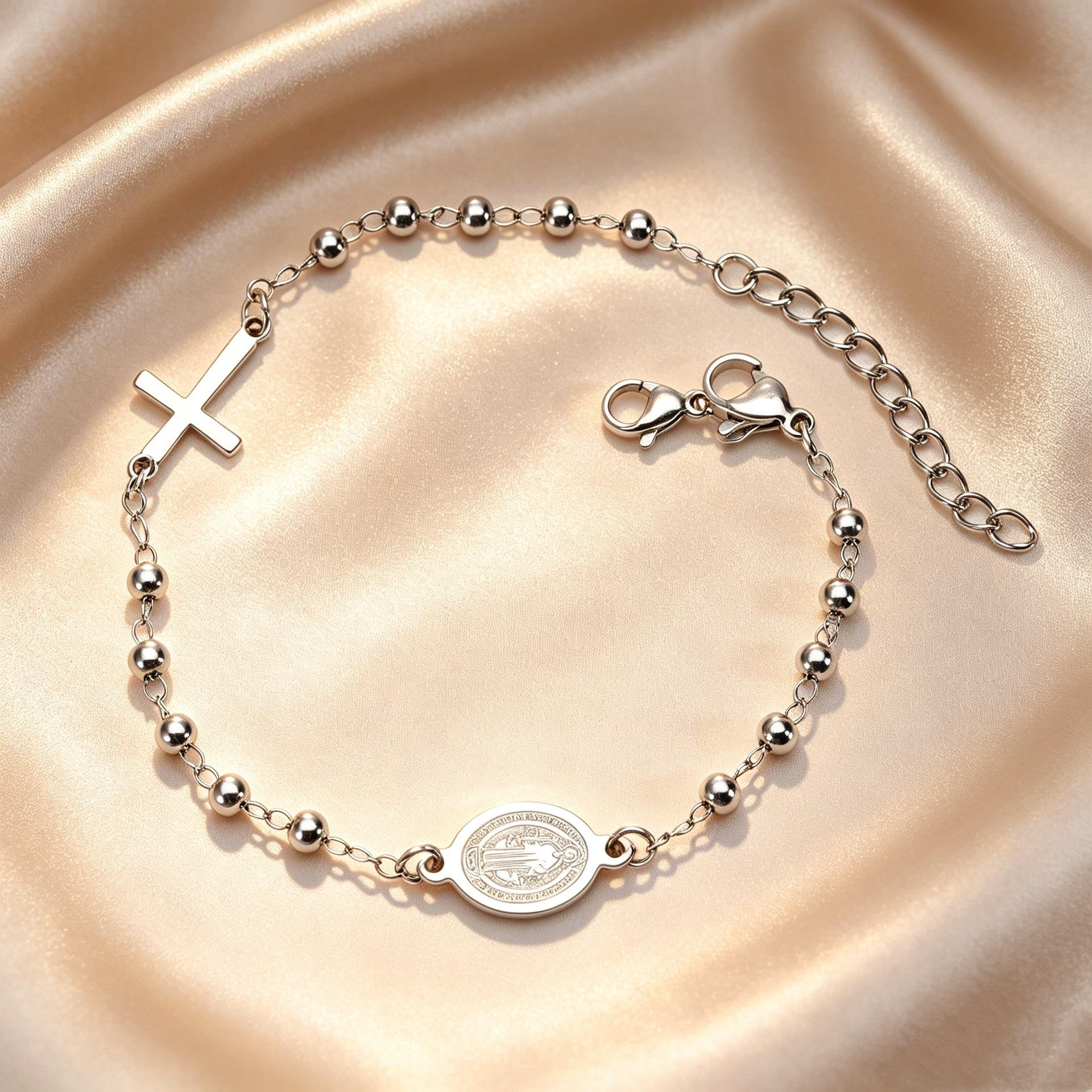 European and American cross-border bestseller: Virgin Mary and Priest portrait cross stainless steel bead bracelet for women, high-end luxury accessory