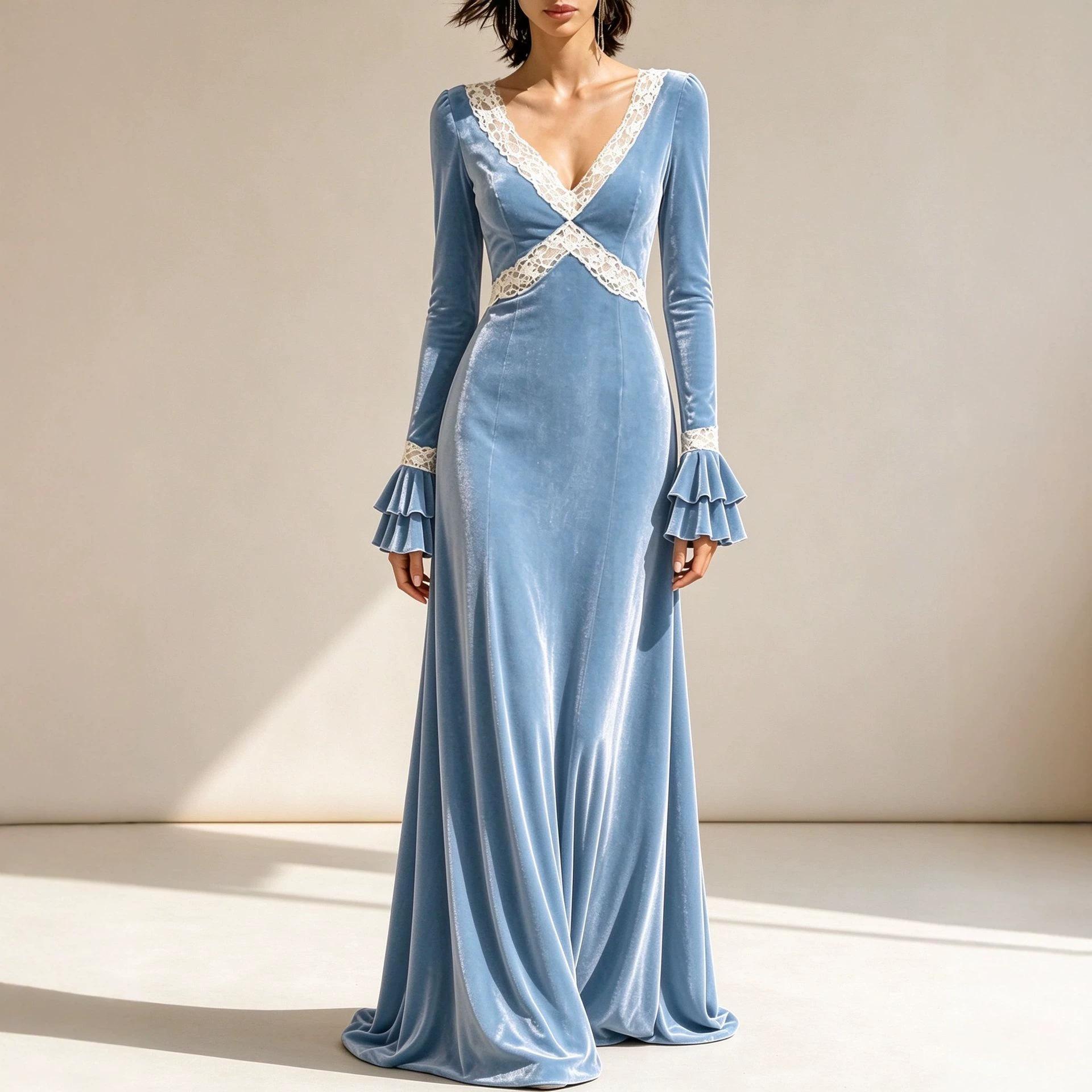 2026 Cross-Border Amazon New Korean Velvet Lace Patchwork Dress Elegant V-Neck Bell Sleeve Long-Sleeve Long Dress