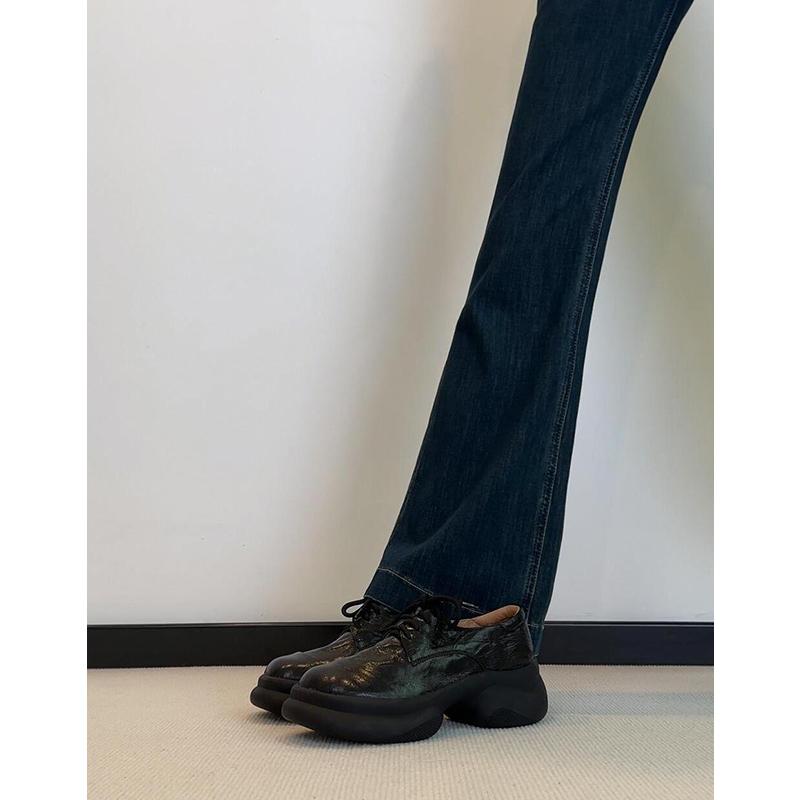 Sheepskin Version~Genuine Leather British Style Thick-Soled Height-Increasing Lace-Up Retro Small Leather Shoes for Women 2025 New Round-Toe Loafers