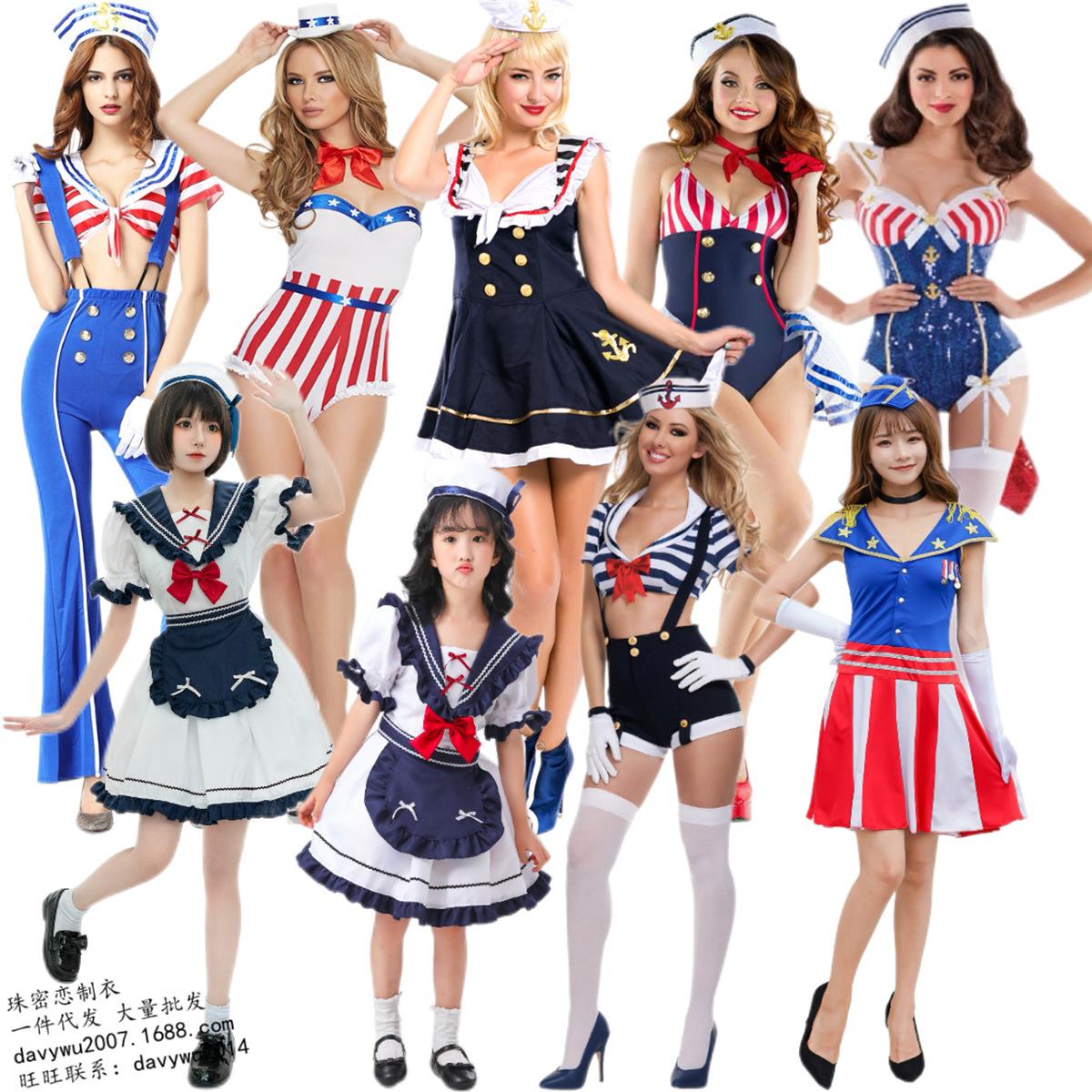 Japanese-Style Uniforms, Parent-Child Sailor Uniforms, Alluring Blue and White Role-Playing Navy Short Skirt Jumpsuit Uniform Set