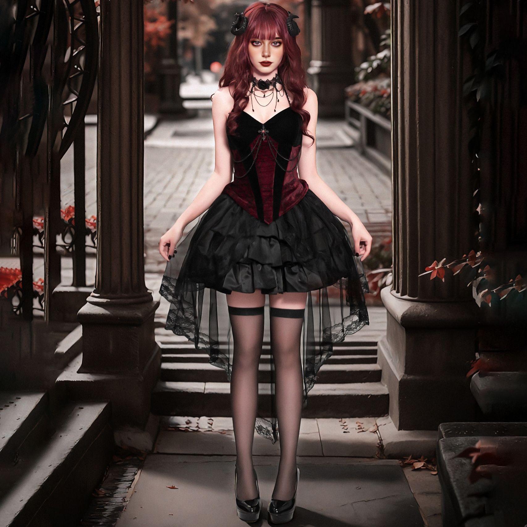Halloween Palace Duchess Dark Gothic Cos Costume Cosplay Vampire Demon Witch Lace Skirt