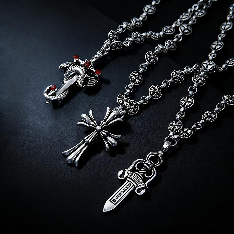 Fashion Retro Silver European and American Style Electroplated Antique Silver Pendant Cross Charm Vintage Trendy Sword Necklace Wholesale