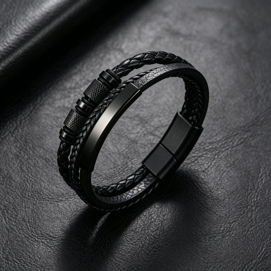 Cross-Border Trendy Handmade Three-Layer Woven Leather Bracelet for Men with Alloy Magnetic Clasp Design