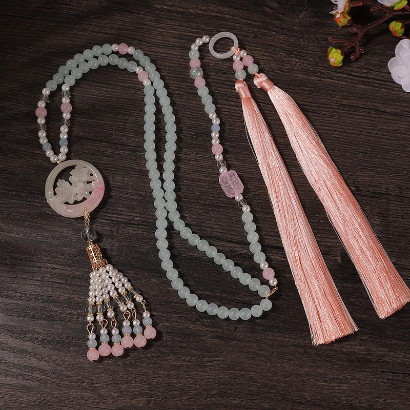 New Chinese-Style Light Pink Yingluo Necklace with Long Tassels, Ancient Style Qipao Necklace, Hanfu Accessories for Women, Wedding Bride
