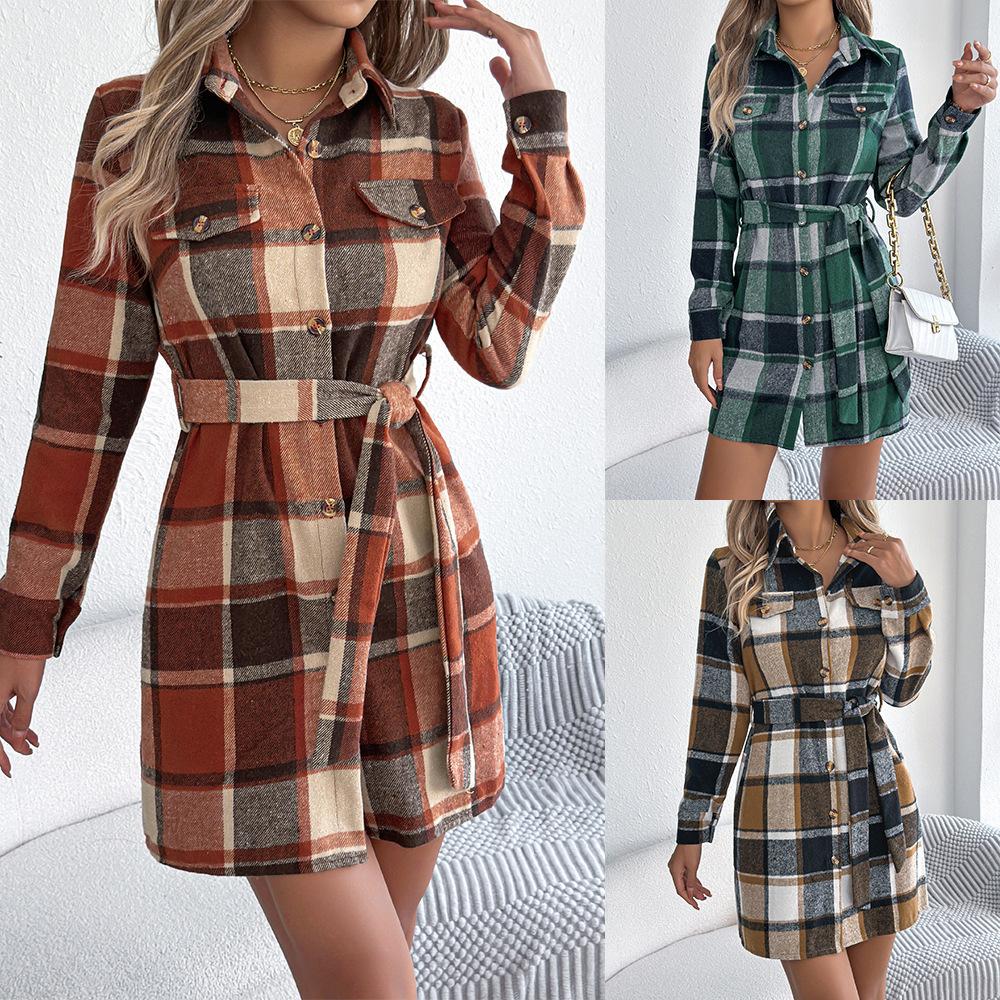 Autumn and Winter European and American Casual Contrasting Plaid Fake Flap Pocket Pants Long-Sleeved Lace-Up Woolen Shirt Skirt Amazon Cross-Border Women's Clothing