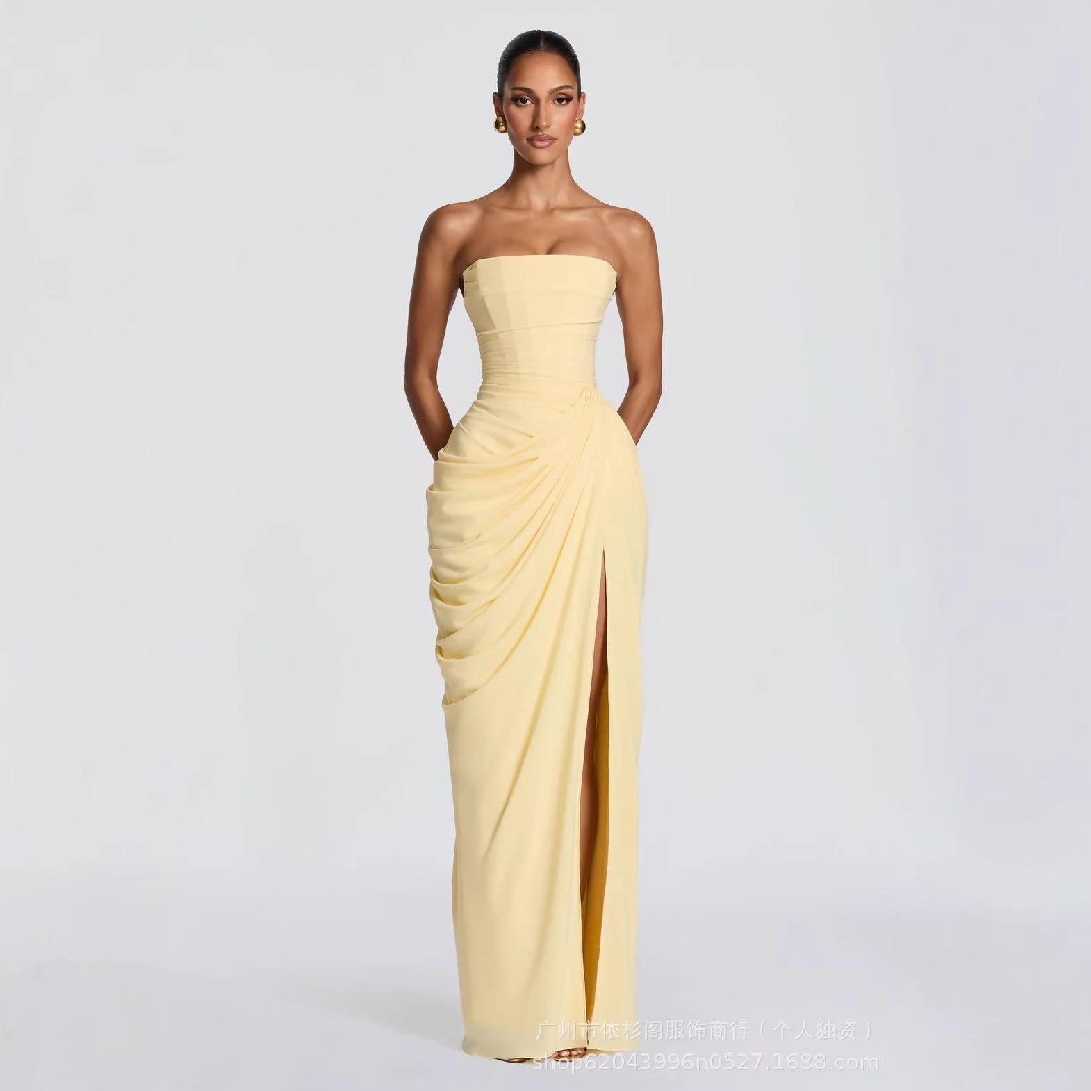 2026 Amazon In-Stock New Women's One-Shoulder Strapless Solid Color Slit Fashion Sexy Backless Evening Dress