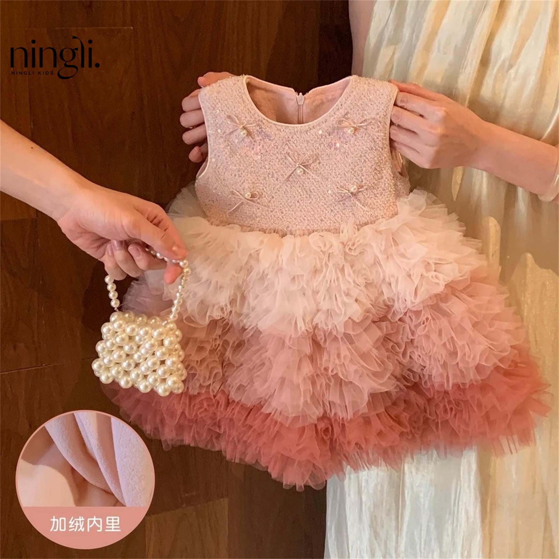 [Ningli] First Birthday Dress for Baby Girls, New Winter Princess Dress with Fleece Lining, Vest Dress
