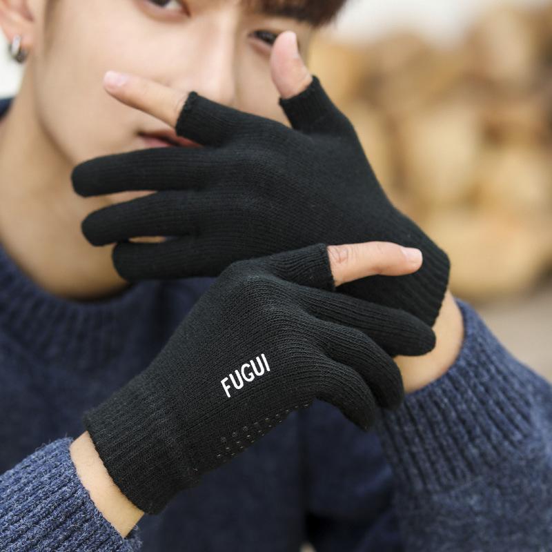 Half Finger Men's Gloves Autumn and Winter Dew Two Finger Thickened Warm Touch Screen fleece-lined Wool Cold-proof Outdoor Riding Knitted