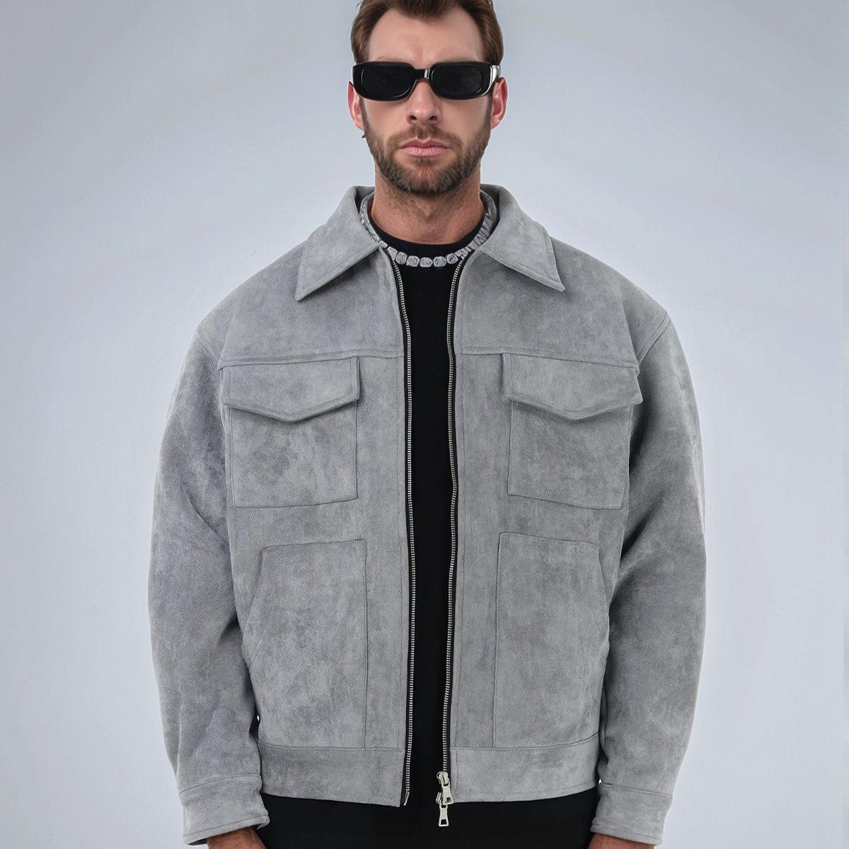 European and American Cross-Border Men's Fashion Suede Jacket with Large Pockets, Casual Turn-Down Collar Spring and Autumn Jacket for Men