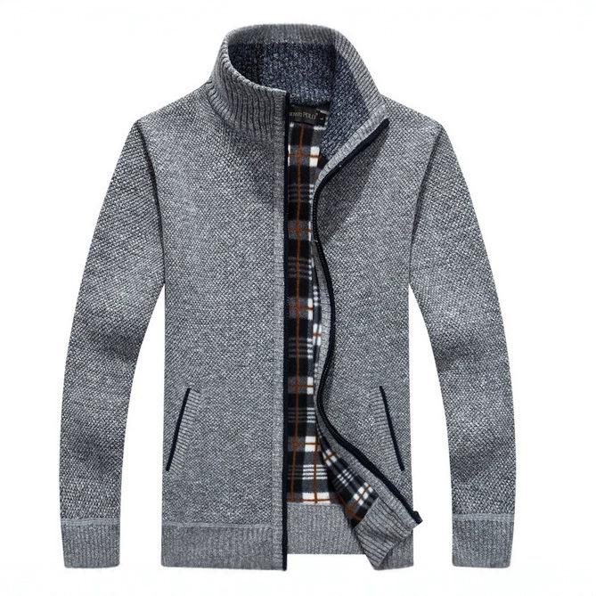 Men's spring, autumn, and winter cardigan sweater with zipper, thickened and fleece-lined, stand-up collar, loose-fitting, warm knit outerwear