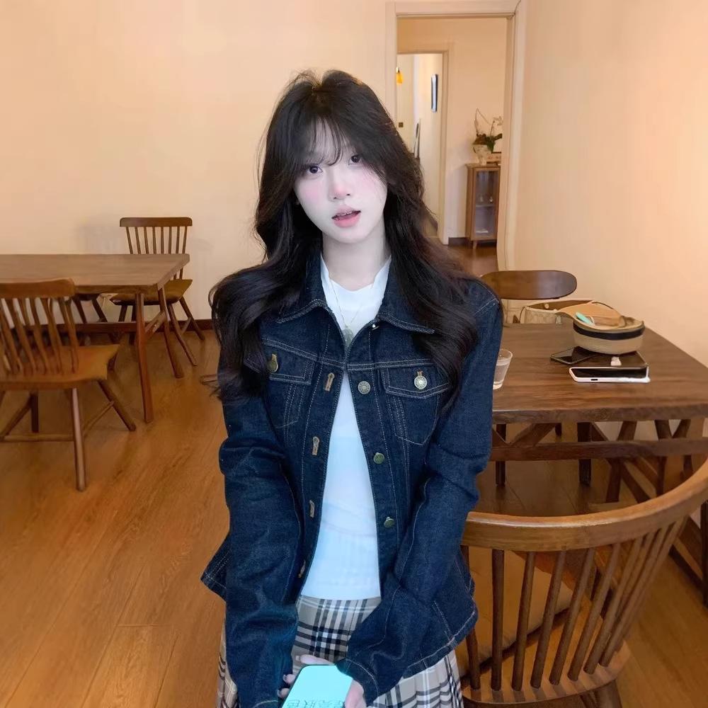 American Retro Blue Denim Jacket for Women 2026 New Autumn Casual Turn-Down Collar Short Jacket for Petite Figures