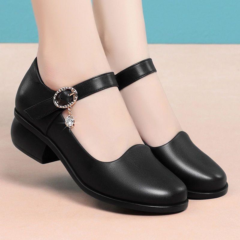 Mom's Shoes with a Single Buckle, Comfortable Soft Sole, Mid-Heel, Suitable for Wearing with a Qipao, Middle-Aged Single Shoes, Chunky Heel, Dance Shoes for Middle-Aged and Elderly Women, Leather Shoes