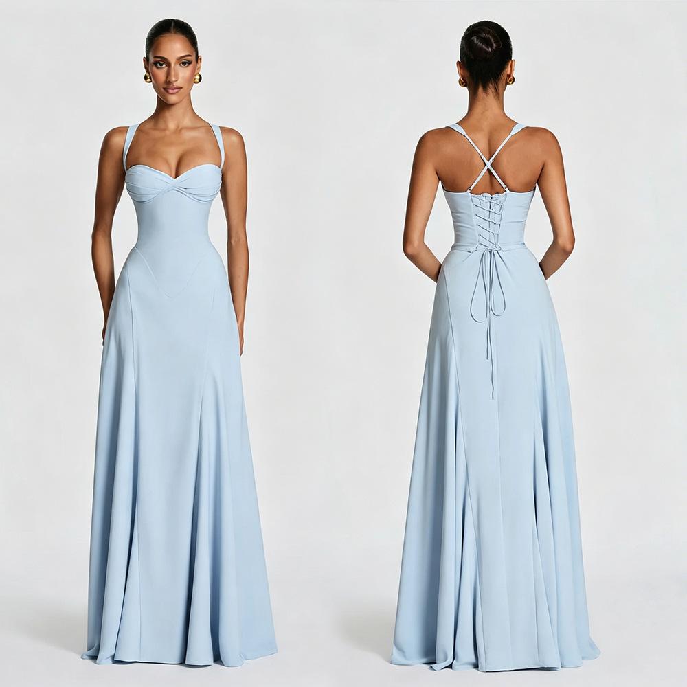 2026 Amazon Foreign Trade Summer New High-End Style Strapless Evening Dress Long Backless Lace-Up Dress
