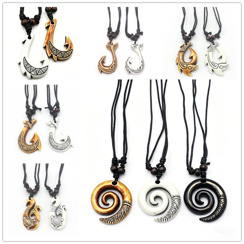 New Zealand Ethnic Tribal Style Resin Necklace Maori Fish Hook Imitation Bone Pendant Scenic Tourism Jewelry Wholesale