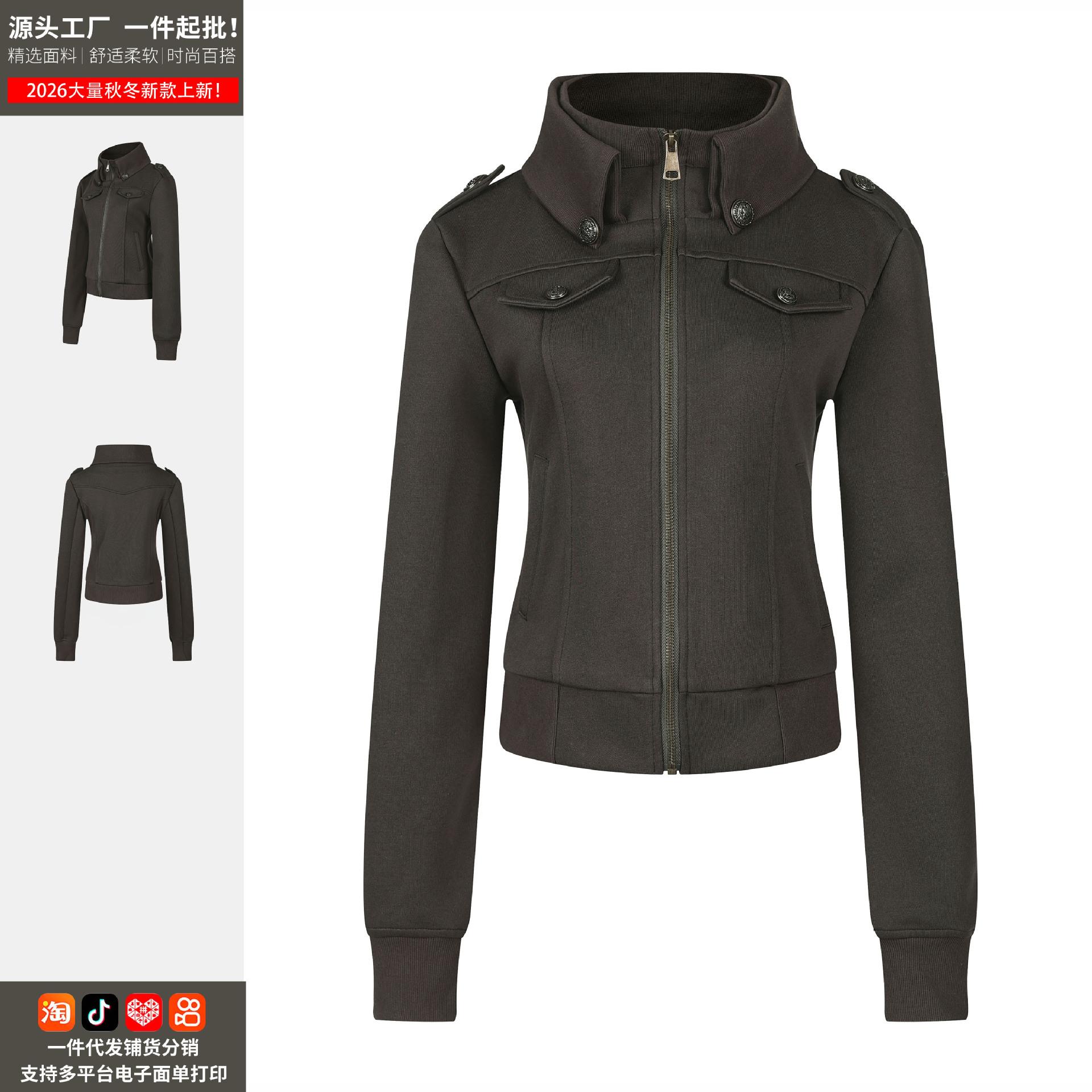 American-style retro metal-button stand-up collar zip-up jacket, women's autumn slim-fit top, direct from the manufacturer