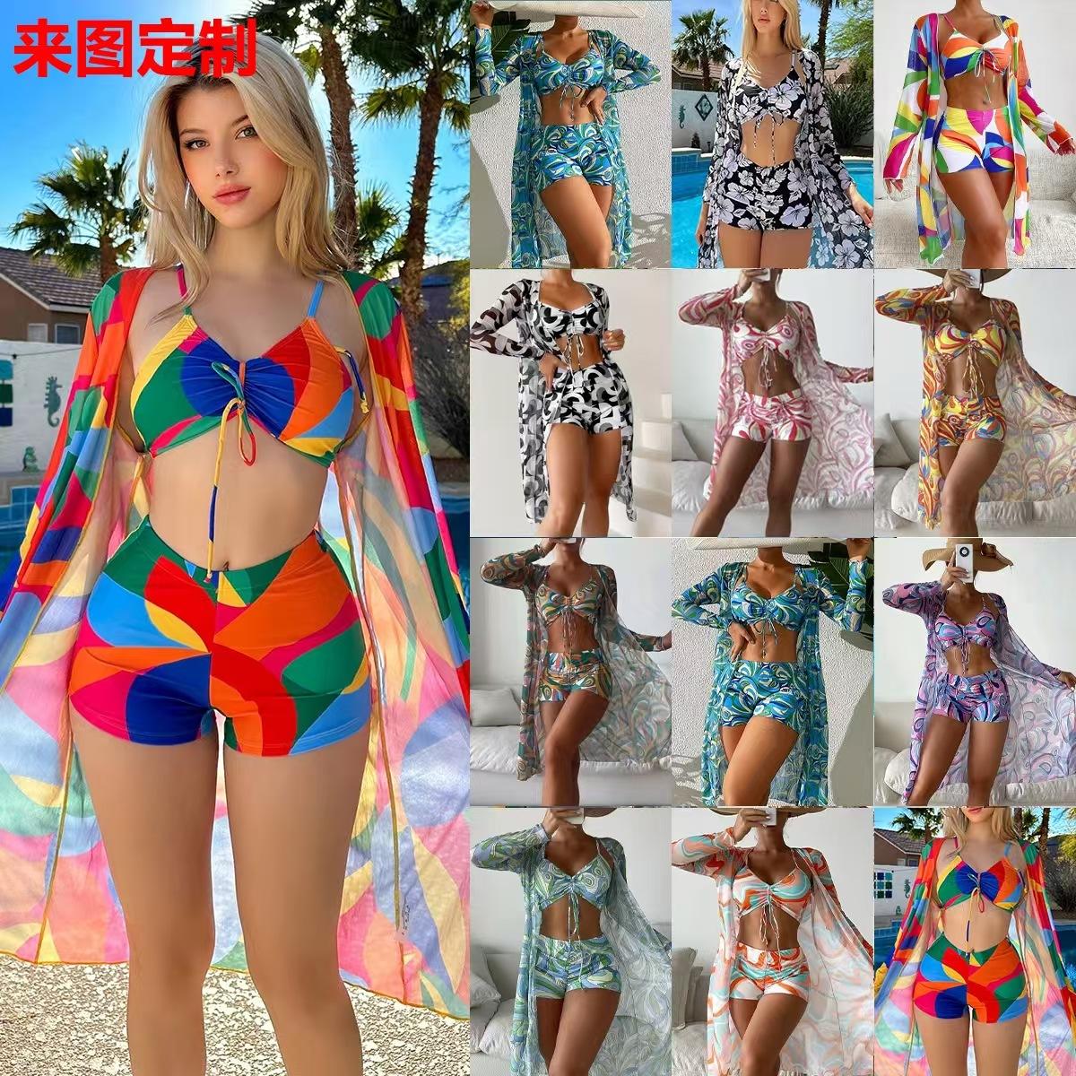 European and American foreign trade swimsuit women's split three-piece high waist long sleeve net popular suit blouse sexy bikini wholesale