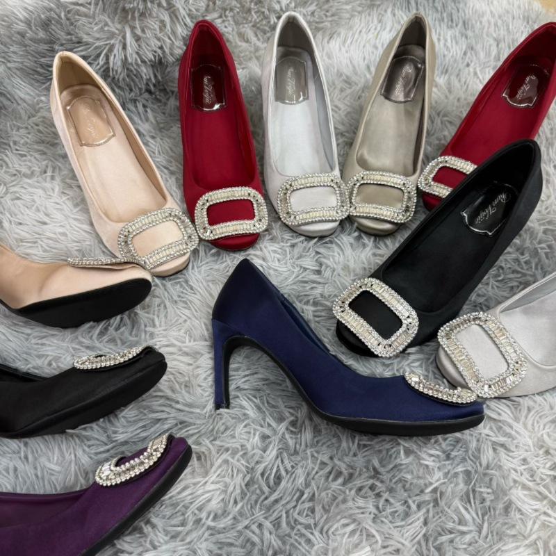 Red Satin Bridal Pumps 8cm with Rhinestone Square Buckle High Heels Evening Square Toe Stiletto Fashion Shoes Manufacturer