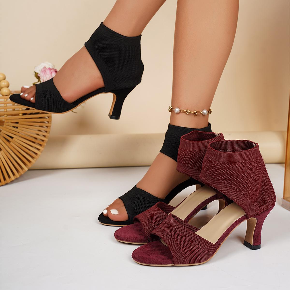 Foreign trade knitted elastic high-heeled sandals, 2026 new model, fish mouth open-toe stiletto women's fashion sandals, wholesale