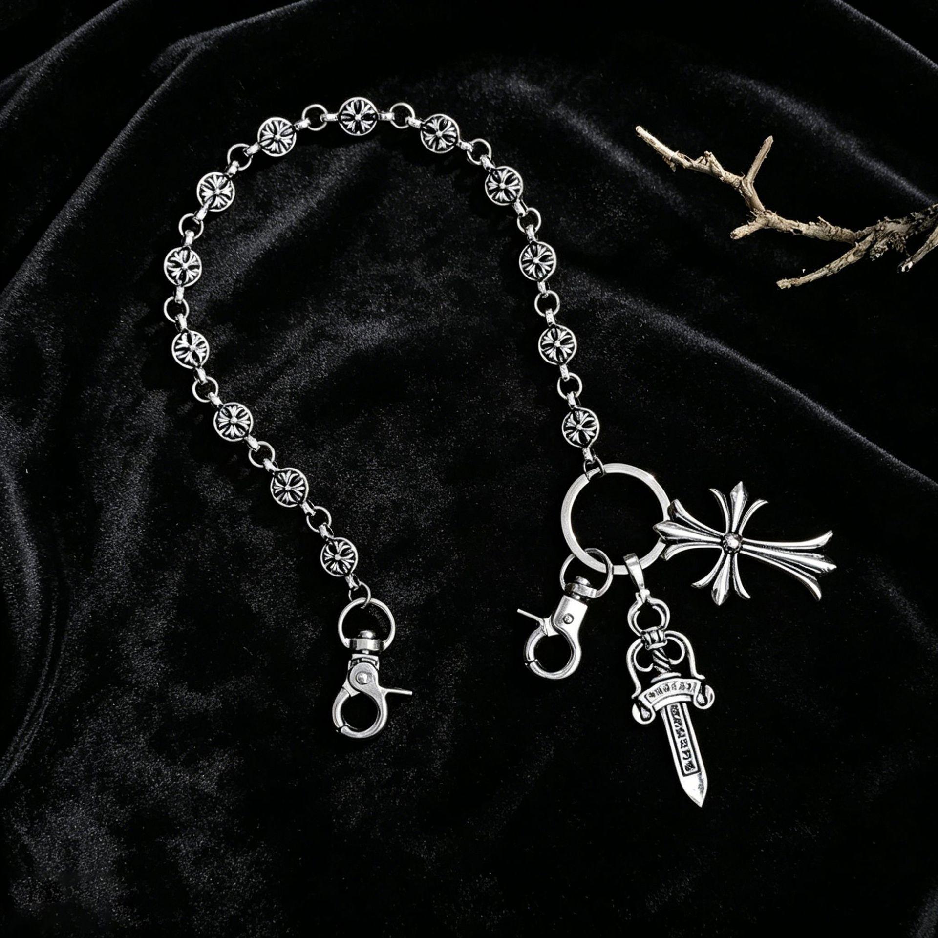 Multi-Element Chain for Pants, Bag Chain, Sword, Round Beads, Cross, Waist Chain, Lobster Clasp, Pendant, Jeans Chain