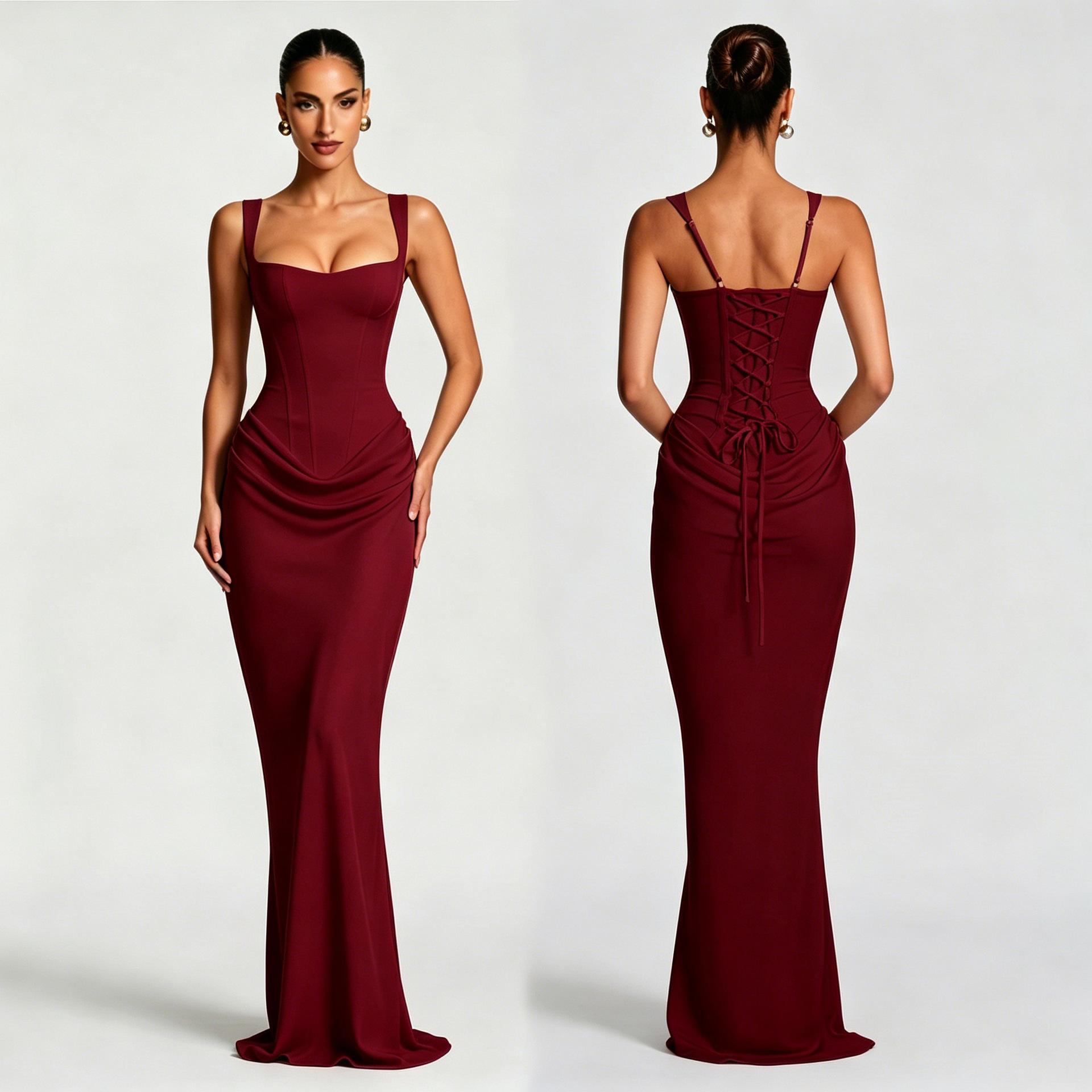 Amazon foreign trade women's slim-fit fishtail long dress with adjustable straps, light luxury evening wedding party dress