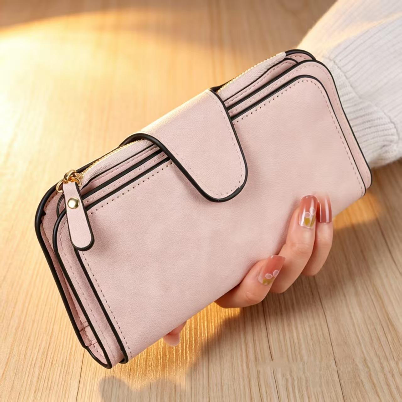 Women's Long PU Wallet, Large Capacity, Multiple Card Slots, Zipper Clutch, Simple and Fashionable, Color-Contrast Patchwork Purse for Women