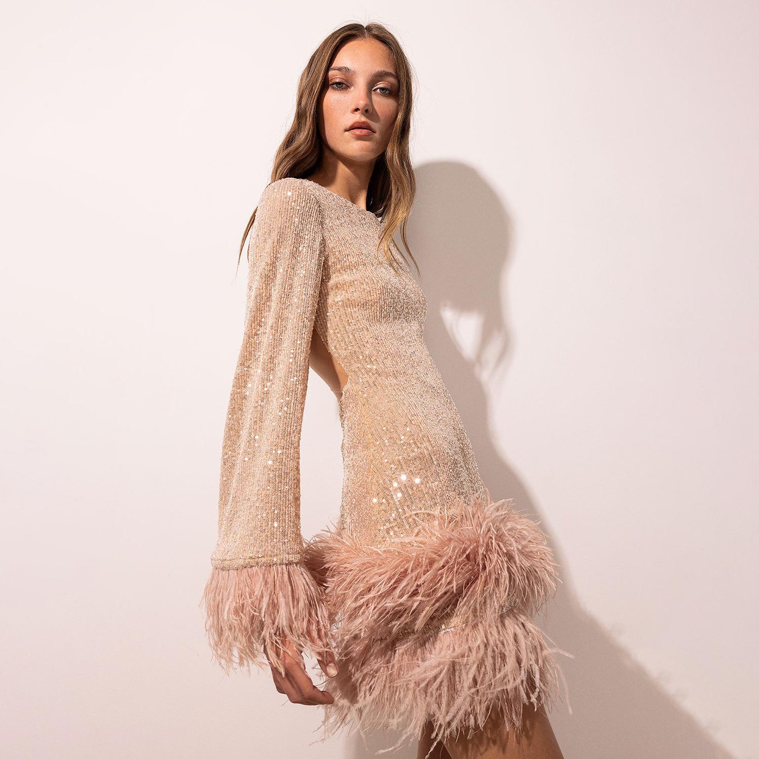 Autumn New European and American Cross-Border Women's Waist-Cinching Sexy Short Skirt Dress with Large Backless Long Sleeves Sequined Feather Dress
