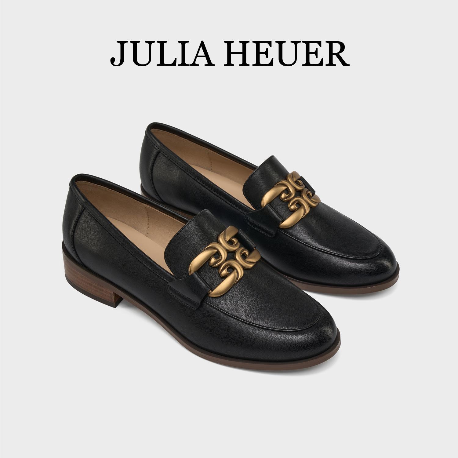 Julia Heuer Double Hook Metal Buckle Loafers with Chunky Heel and Round Toe 24132