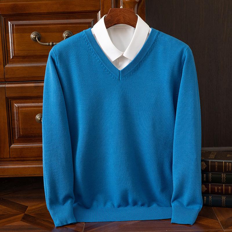 New Autumn and Winter Men's Wool Knit Sweater V-Neck Pullover Long-Sleeve Warm Loose Business Sweater Base Layer