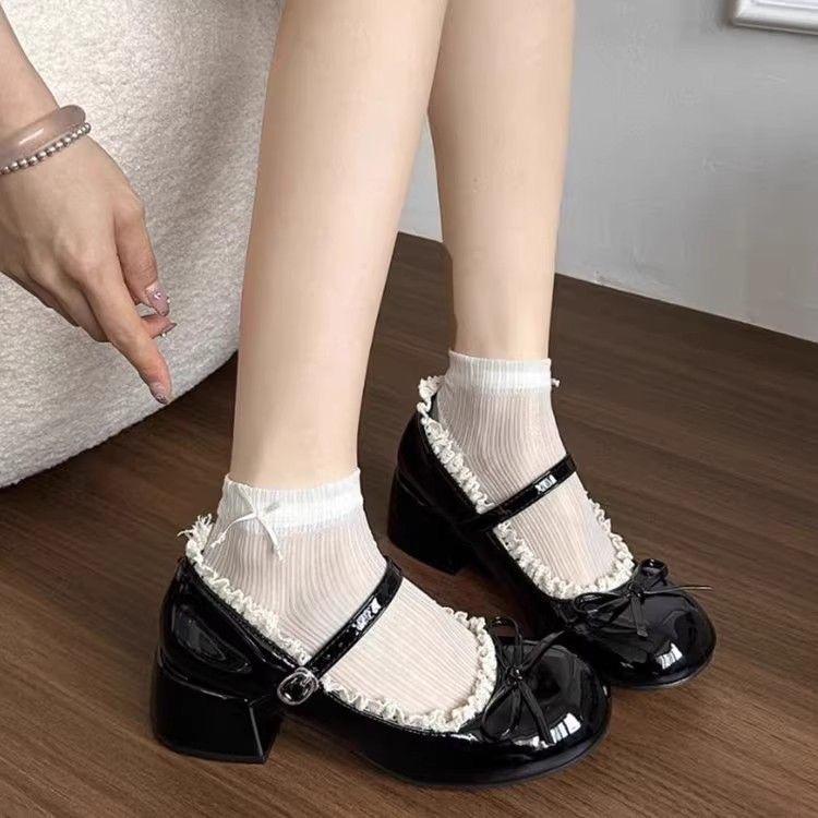 High-End Bow-Knot Elegant Ballet Leather Shoes for Women 2025 New Autum Lace Edge Heightening Mary Jane Shoes Trend