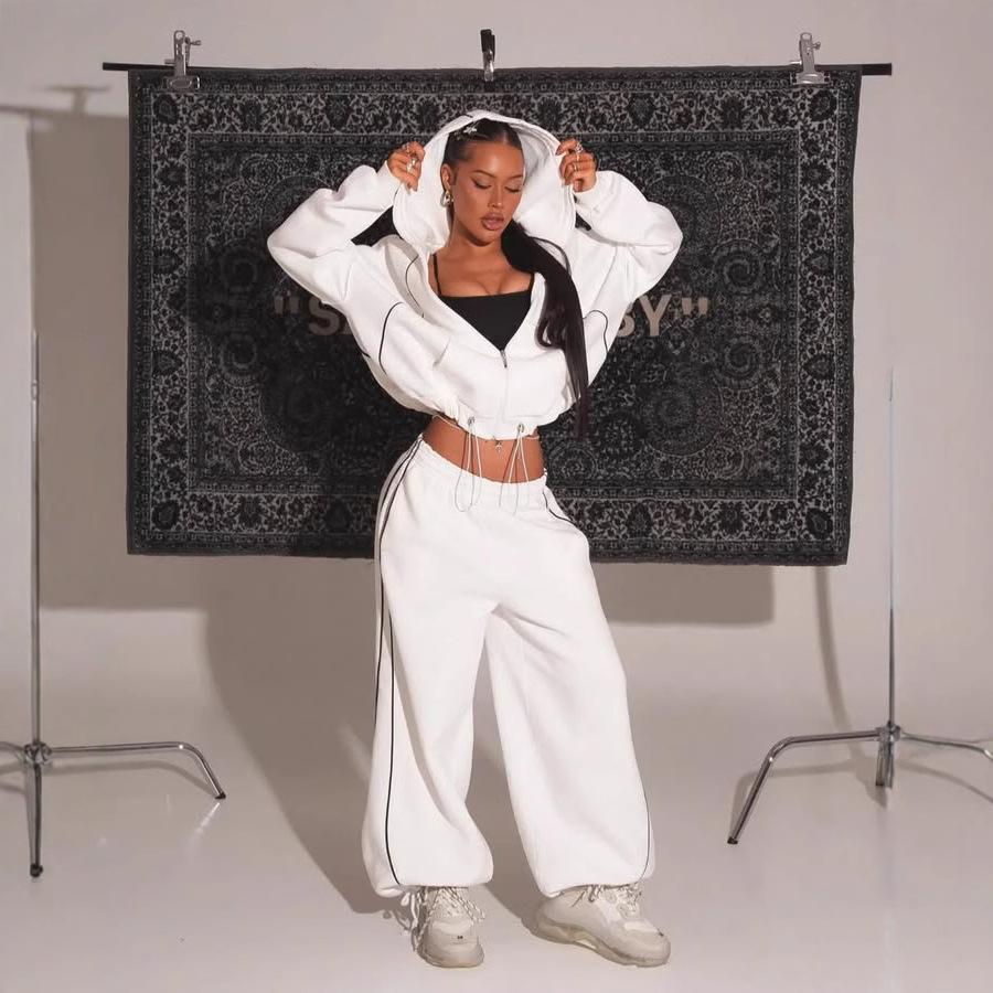Cross-Border Women's Fashion Line Contrasting Color Hooded Zipper Sweatshirt Suit Casual Loose Straight Pants Two-Piece Set for Women