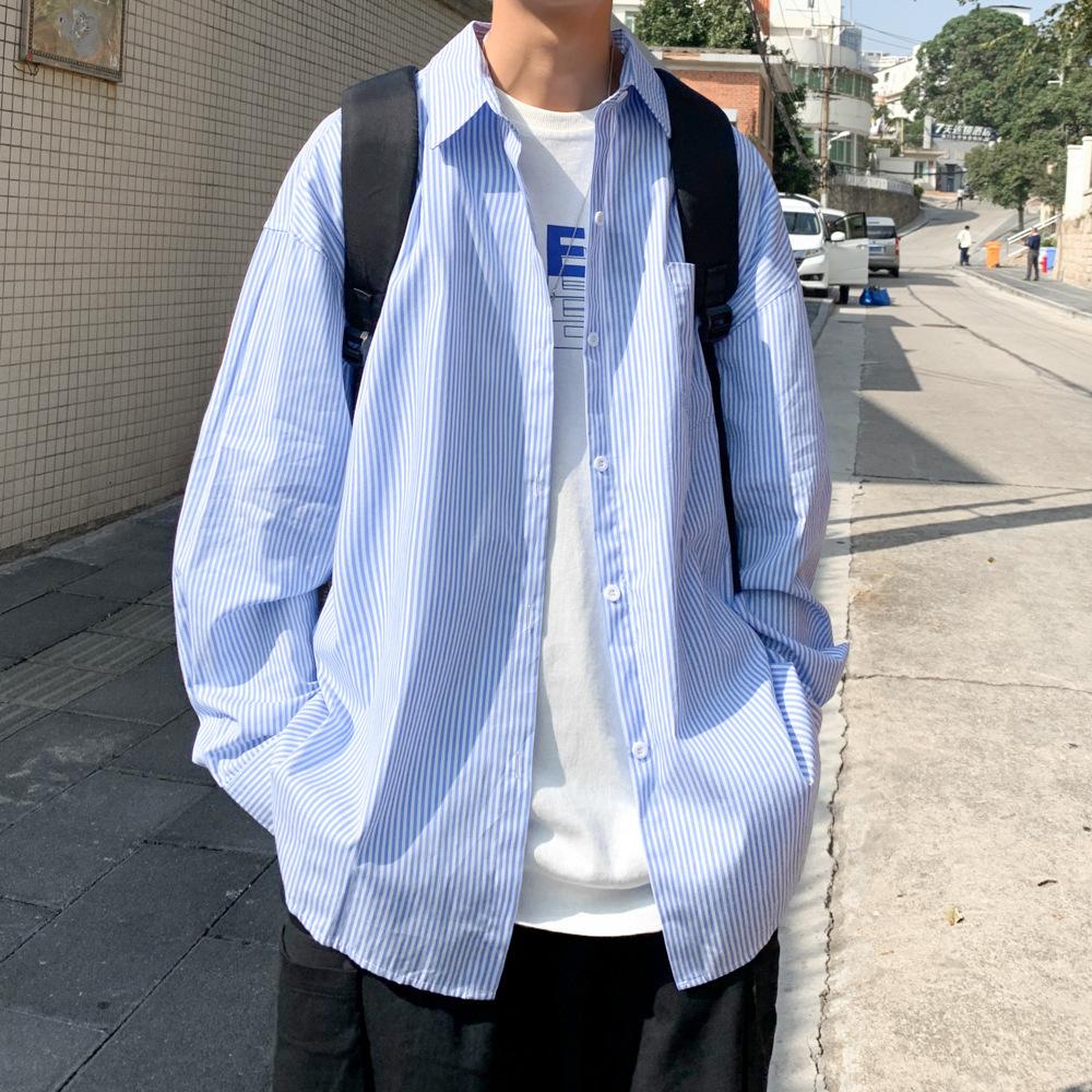 Blue Striped Shirt Men's Long-sleeved Summer Thin Shirt Japanese Style Trendy Hong Kong Style Coat