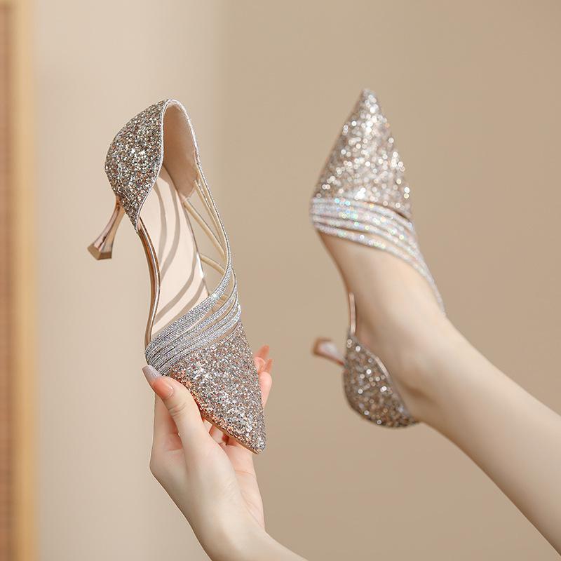 Champagne color rhinestone high heels women's stiletto heel 2024 new wedding shoes bride shoes shallow mouth temperament pointed women's shoes