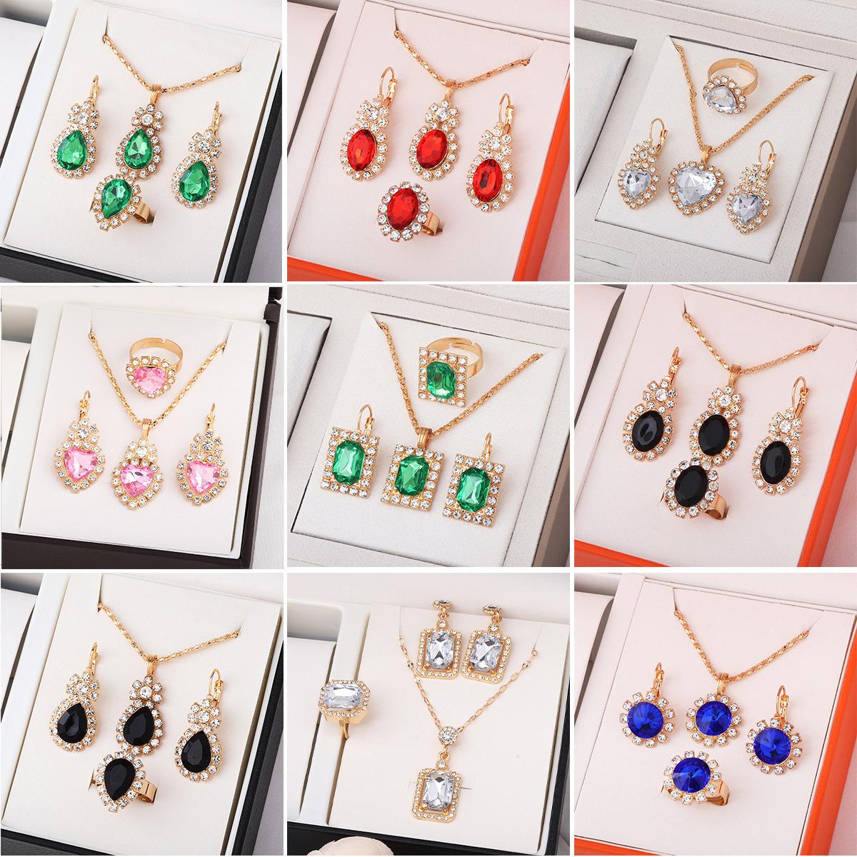 European and American Cross-Border Jewelry Pendant Necklace Earrings Ring Set with Diamonds Three-Piece Set Fashionable Bridal Decorative Jewelry Set