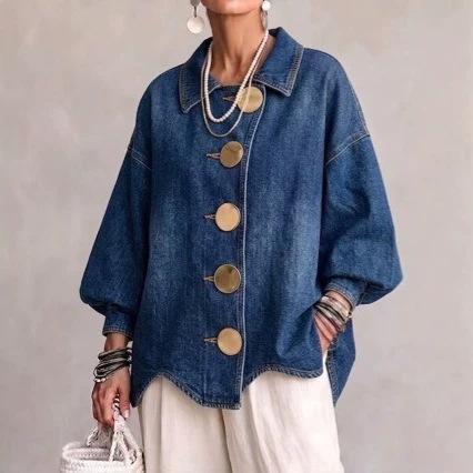 2026 Women's Fashionable and Elegant Denim Jacket with Oversized Lapel and Large Metal Buttons, Washed Denim