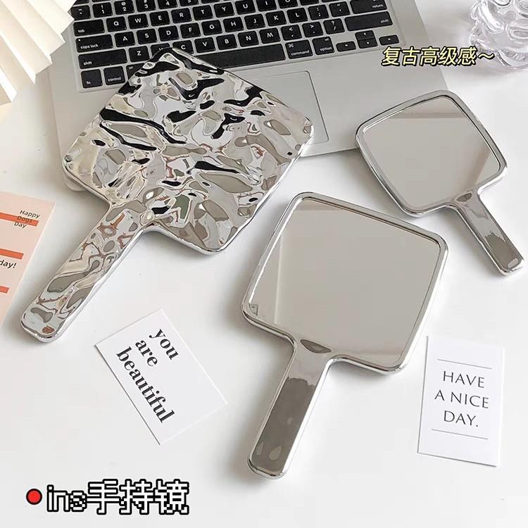Ins Style Exquisite High-grade Small Mirror Portable Hand-held Beauty Makeup Mirror Mini Water Ripple silver Hand-held Mirror