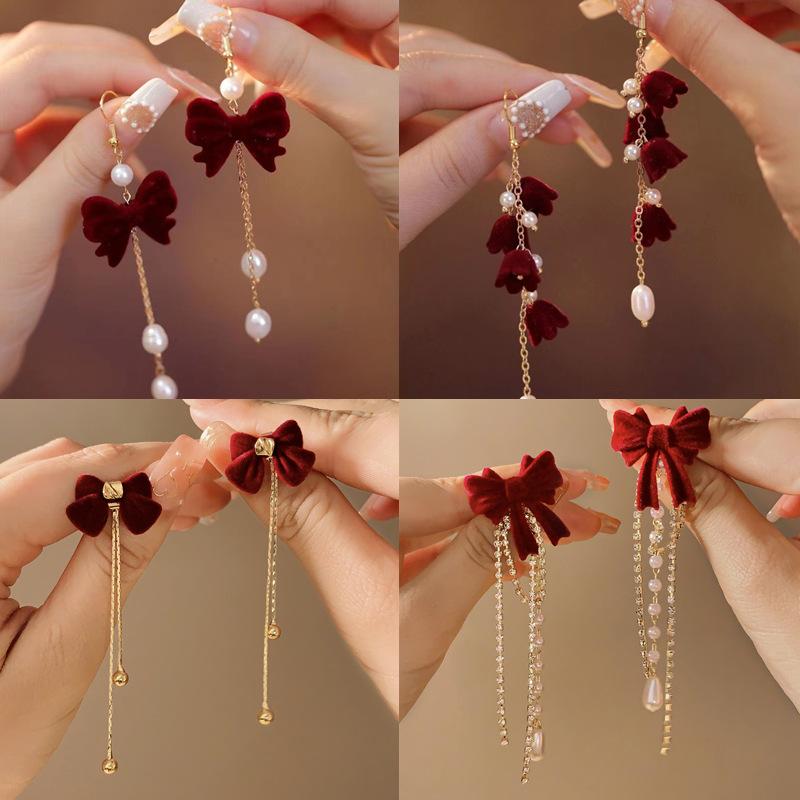 Long Burgundy Bowknot Pearl Tassel Earrings Autumn and Winter Festive Red Bridal Earrings for Everyday Wear