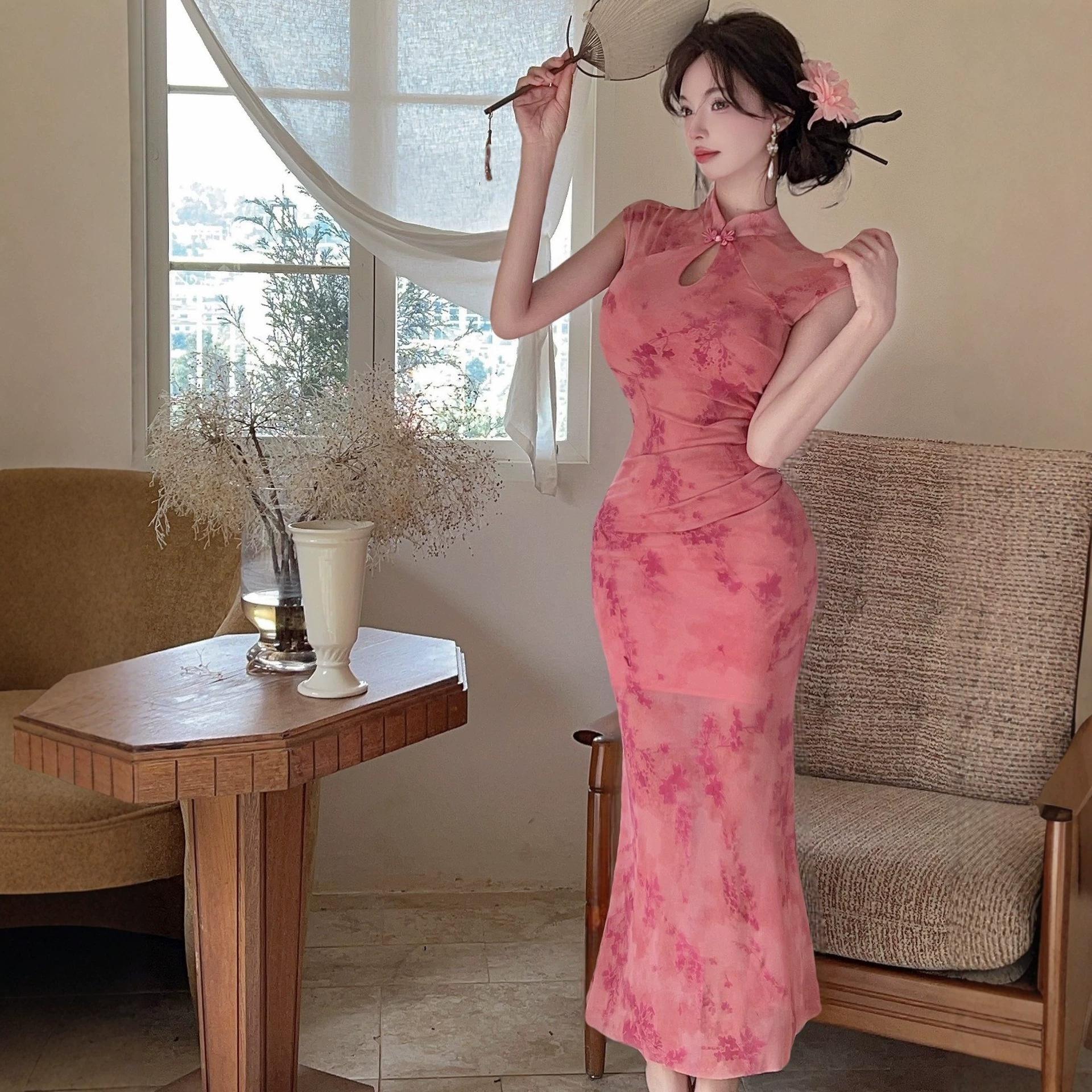 Retro Chinese Style New Chinese-Style Purple Mesh Hollow-Out Dress for Women, Summer Improved Cheongsam, Elegant and Beautiful Dress