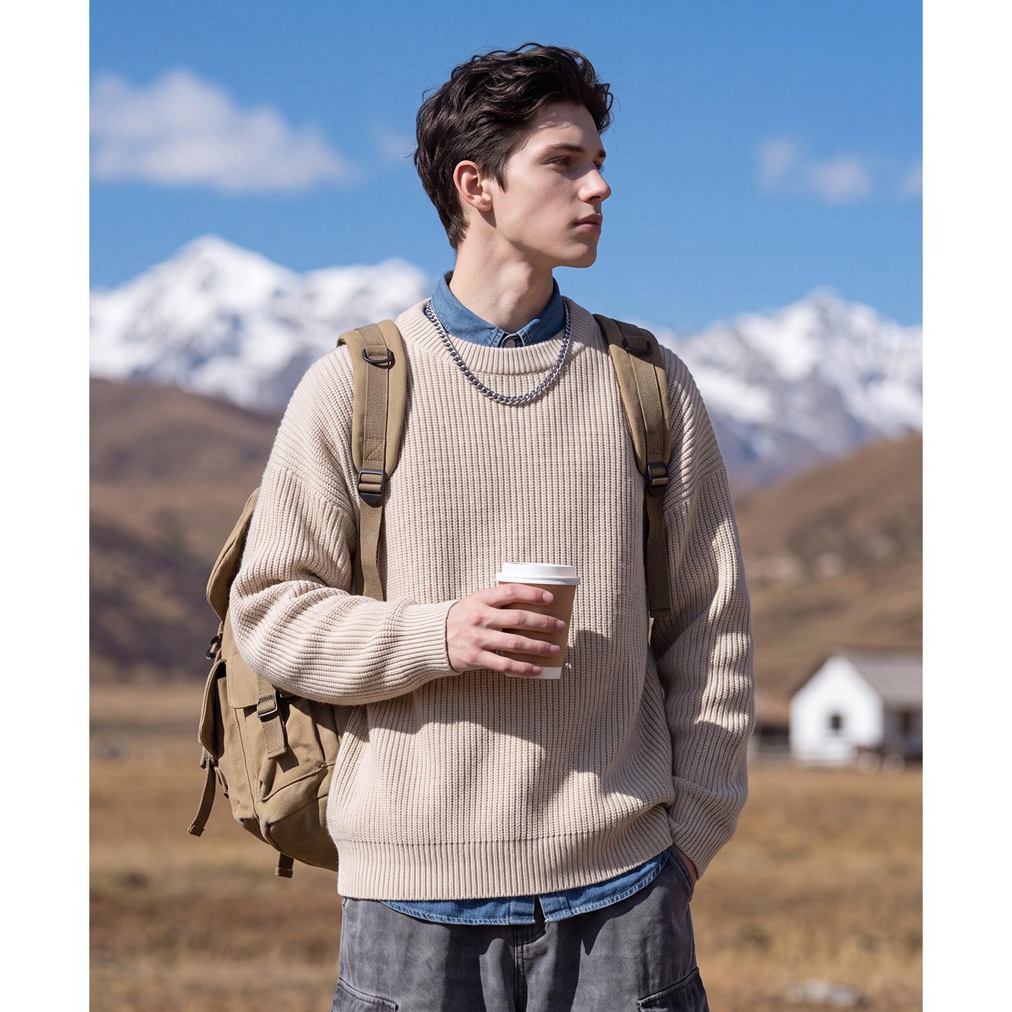 Heavyweight Ribbed Knit Sweater for Men, Autumn and Winter Basic Solid Color Loose Round Neck Knitwear Top