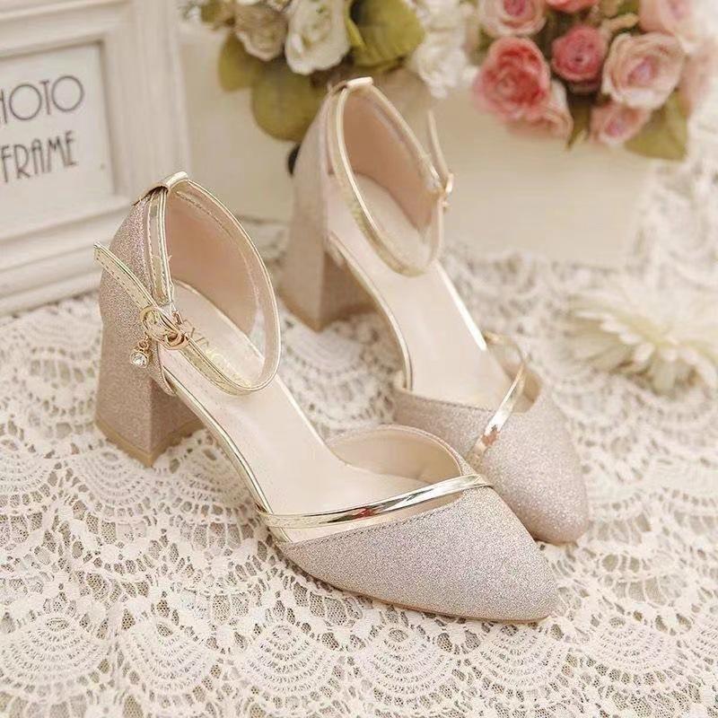 Border Trade High-heeled Shoes Women's 2023 New Summer Baotou Hollow Thick Heeled One-line Buckle High-heeled Sandals for Women