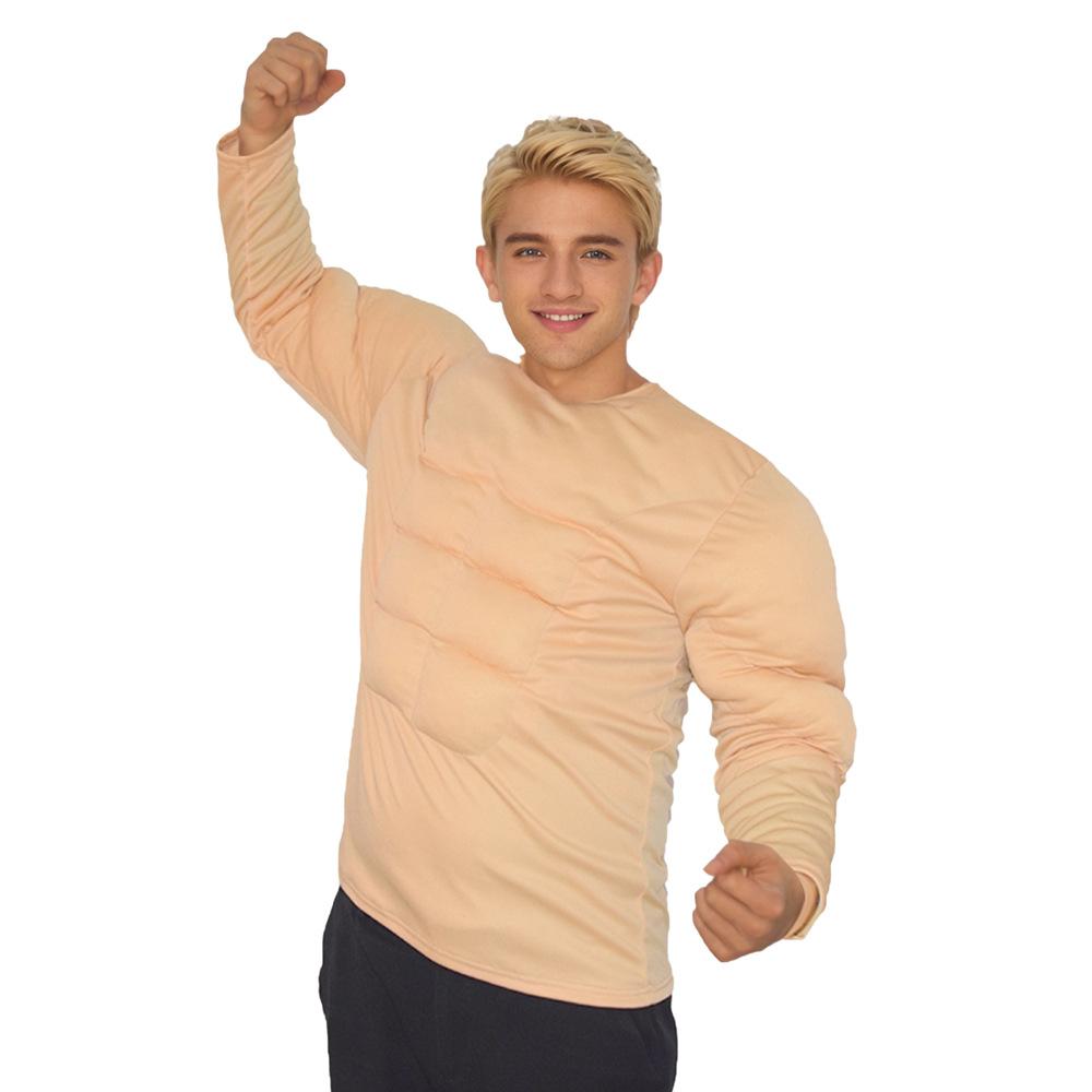 Muscular Man T-Shirt Cosplay Fake Chest and Abdominal Muscles Funny and Handsome Little Boy Muscle Top Adult Performance Costume
