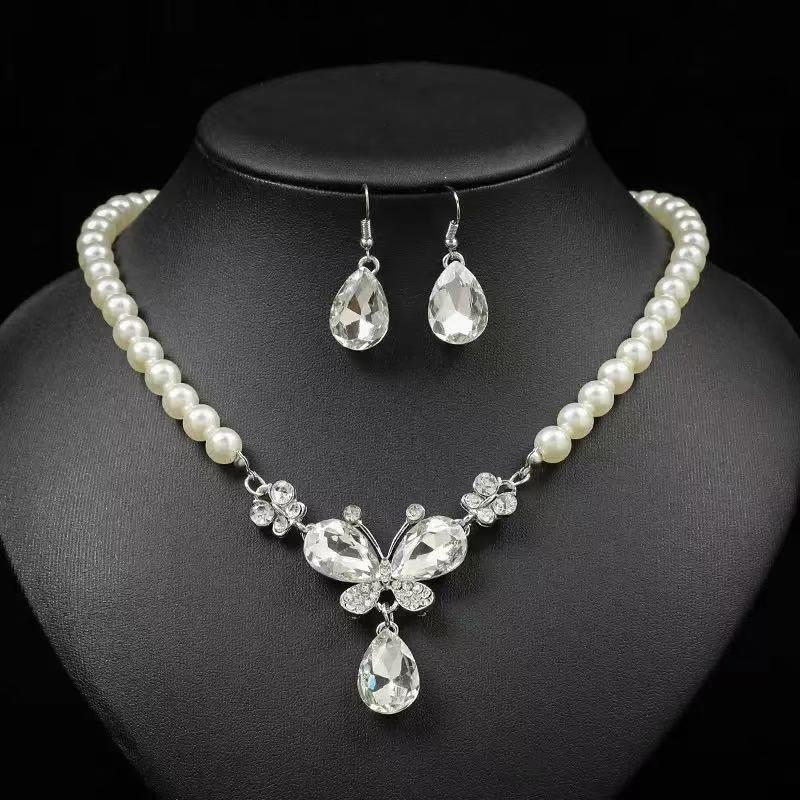 European and American Foreign Trade Necklace Jewelry Pearl Jewelry Set Bride Gemstone Necklace Earring Set Simple Clavicle Chain